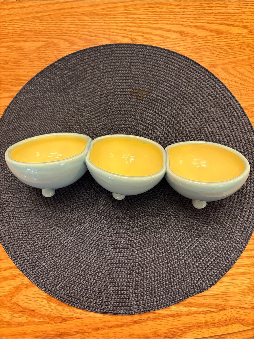 Ceramic Triple Snack Server in Pale Blue with Yellow Interior signed JJ